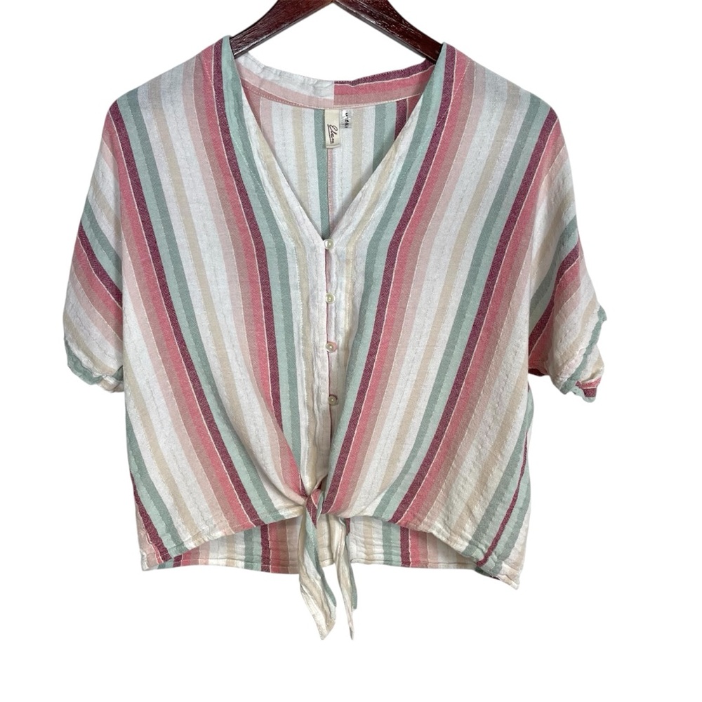Elan Button Front Vertical Striped Boxy Top with Tie Size Small